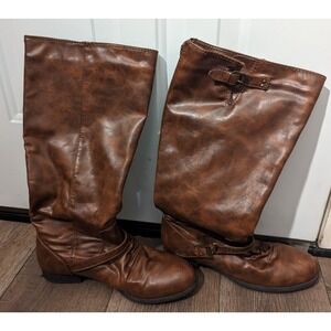 Brash Women's Brown Boots Faux Leather Rear Zip Zipper 9.5 9 1/2 Combat Tall